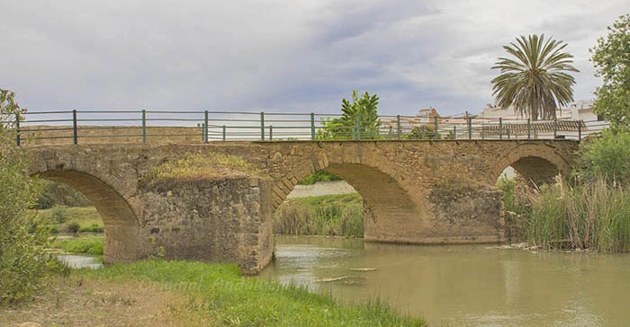 De historische Romeinse brug Puente Romano de la Molina met stenen bogen over de rivier Turón bij Ardales